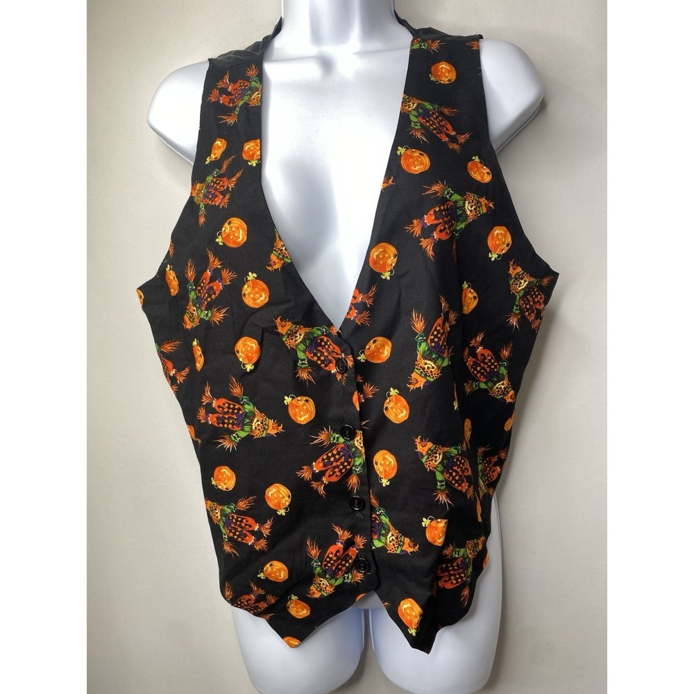 Vintage 80's Basic Editions Womens Halloween‎ Vest Kitschy Pumpkins Scarecrows